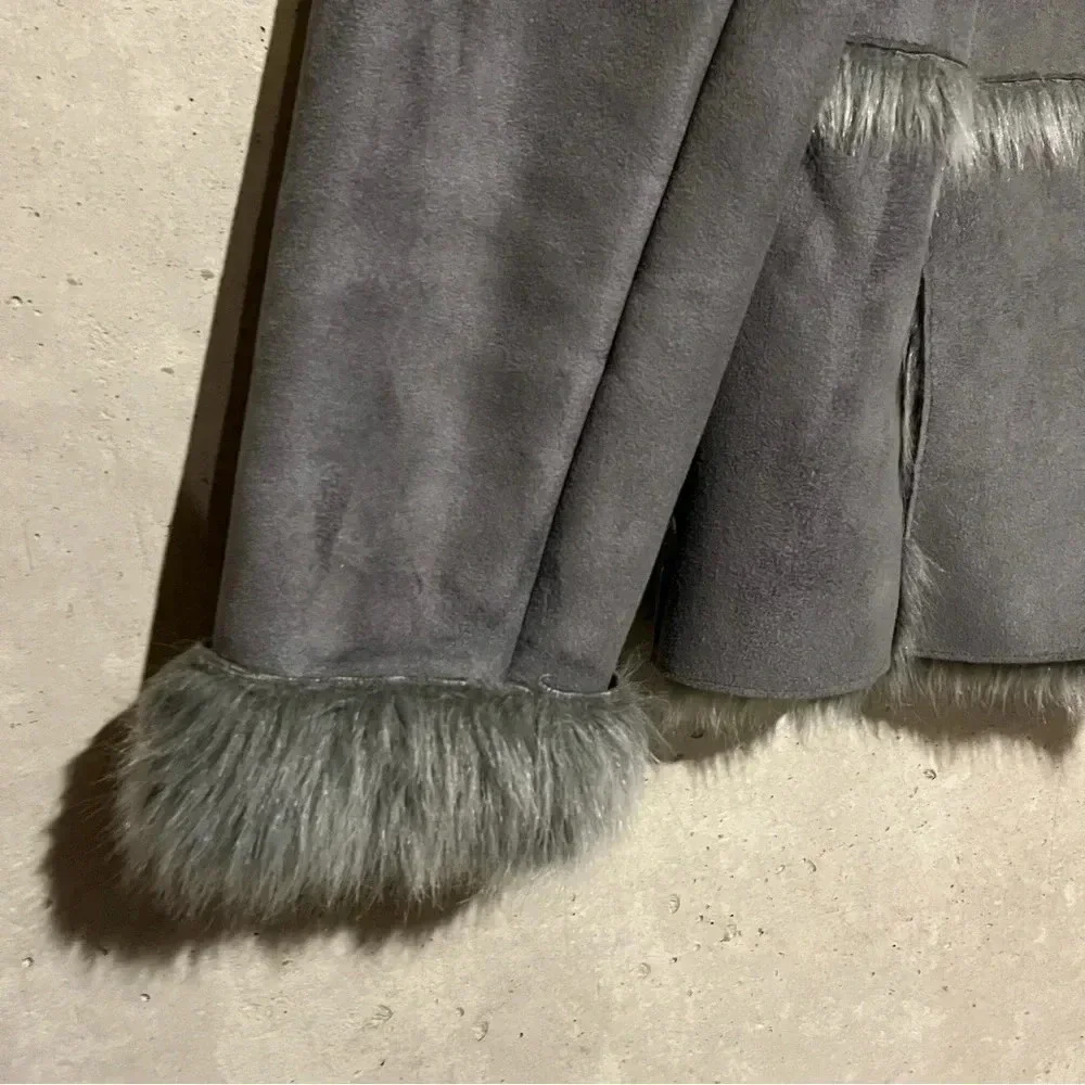 Vintage/Y2K Faux Fur Trim Grey Penny Lane Coat Faux Suede Leather Jacket Small